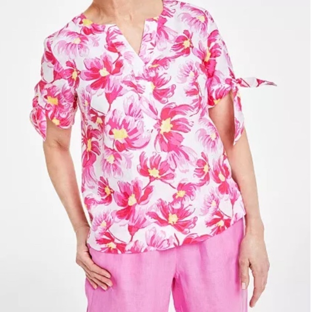 CHARTER CLUB 100% Linen Tropical Floral Pattern Tie Sleeve Blouse SZ LG - Picture 3 of 11